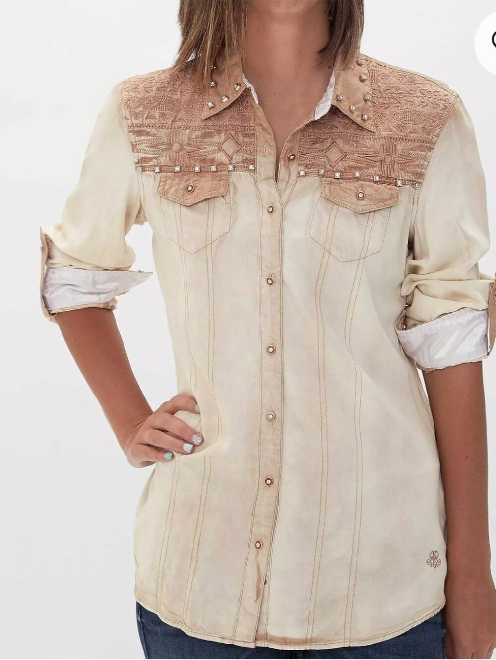 Roar Embroidered Shirt Khaki Denim Size Small Western Cowgirl Festival Bling